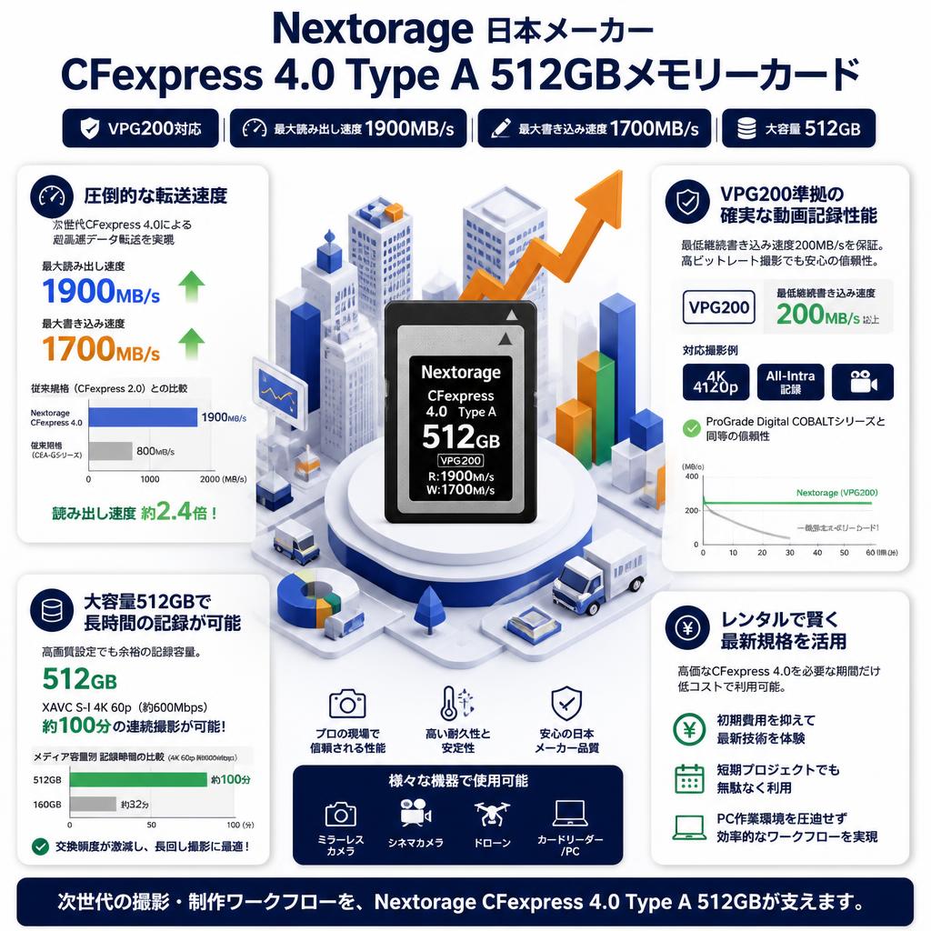 Nextorage 日本メーカー CFexpress 4.0 Type A 512GBメモリーカード VPG200 最大読み出し速度1900MB/s 最大書き込み速度1700MB/s NX-A2SE512G セールスポイント