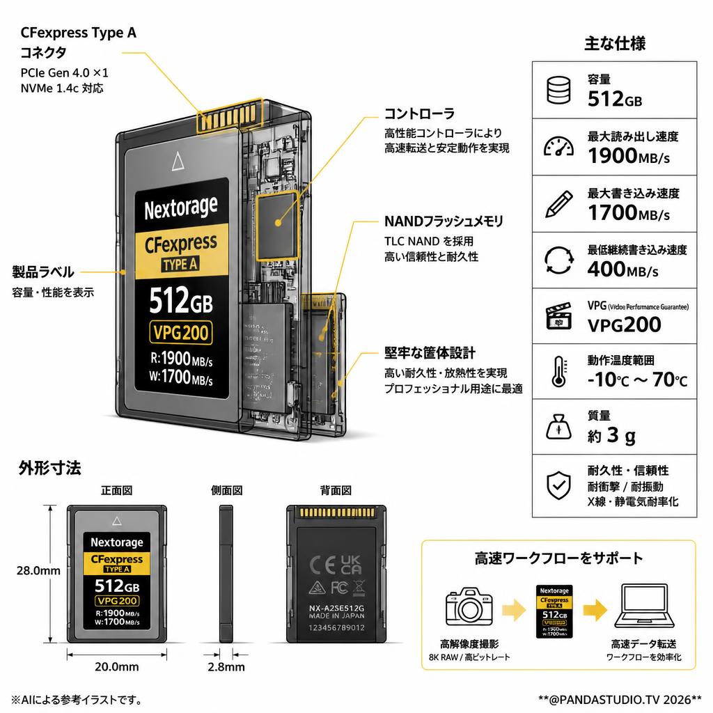 Nextorage 日本メーカー CFexpress 4.0 Type A 512GBメモリーカード VPG200 最大読み出し速度1900MB/s 最大書き込み速度1700MB/s NX-A2SE512G スペック