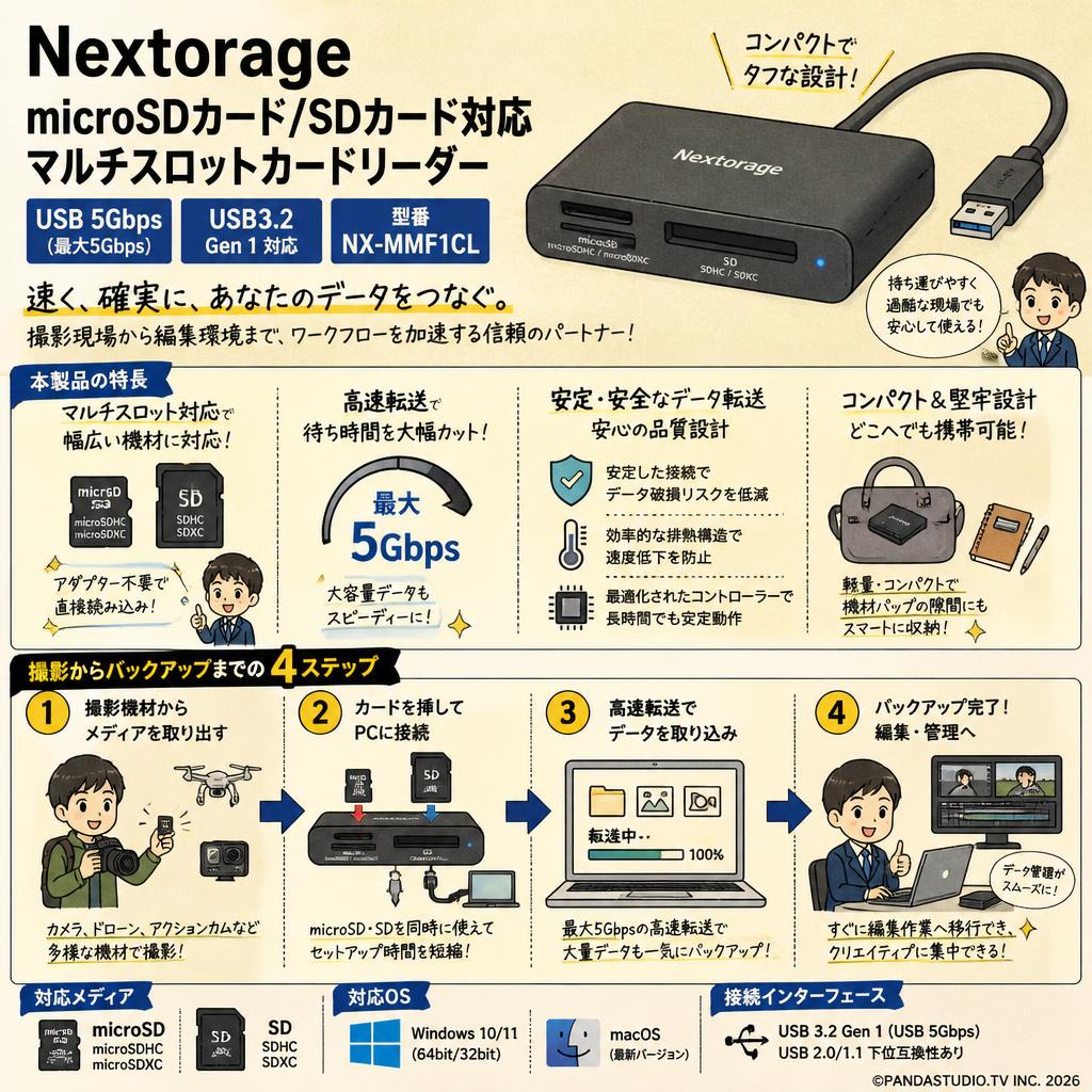 Nextorage microSDカード/SDカード対応 マルチスロットカードリーダー USB 5Gbps USB3.2 NX-MMF1CL 概要