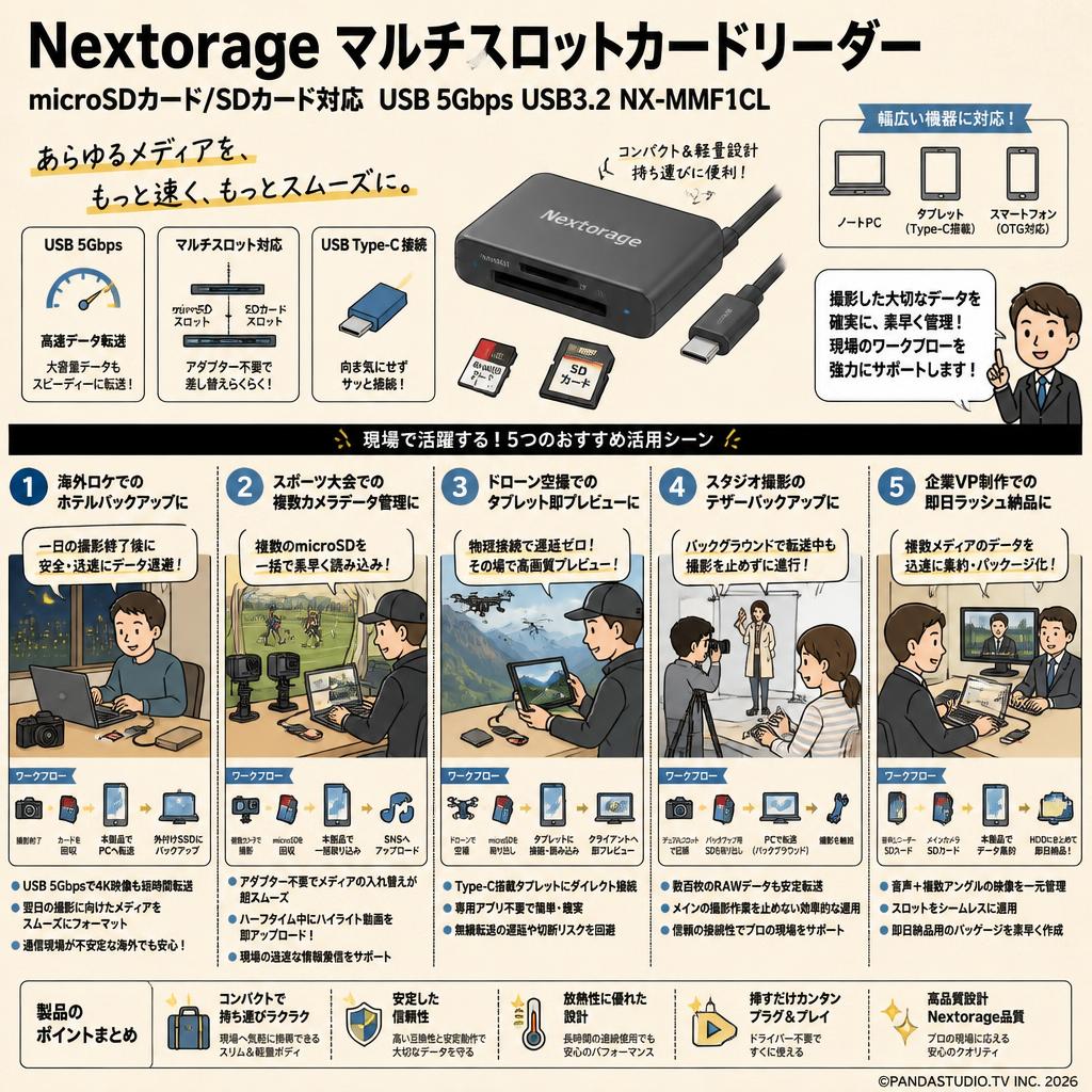 Nextorage microSDカード/SDカード対応 マルチスロットカードリーダー USB 5Gbps USB3.2 NX-MMF1CL 用途