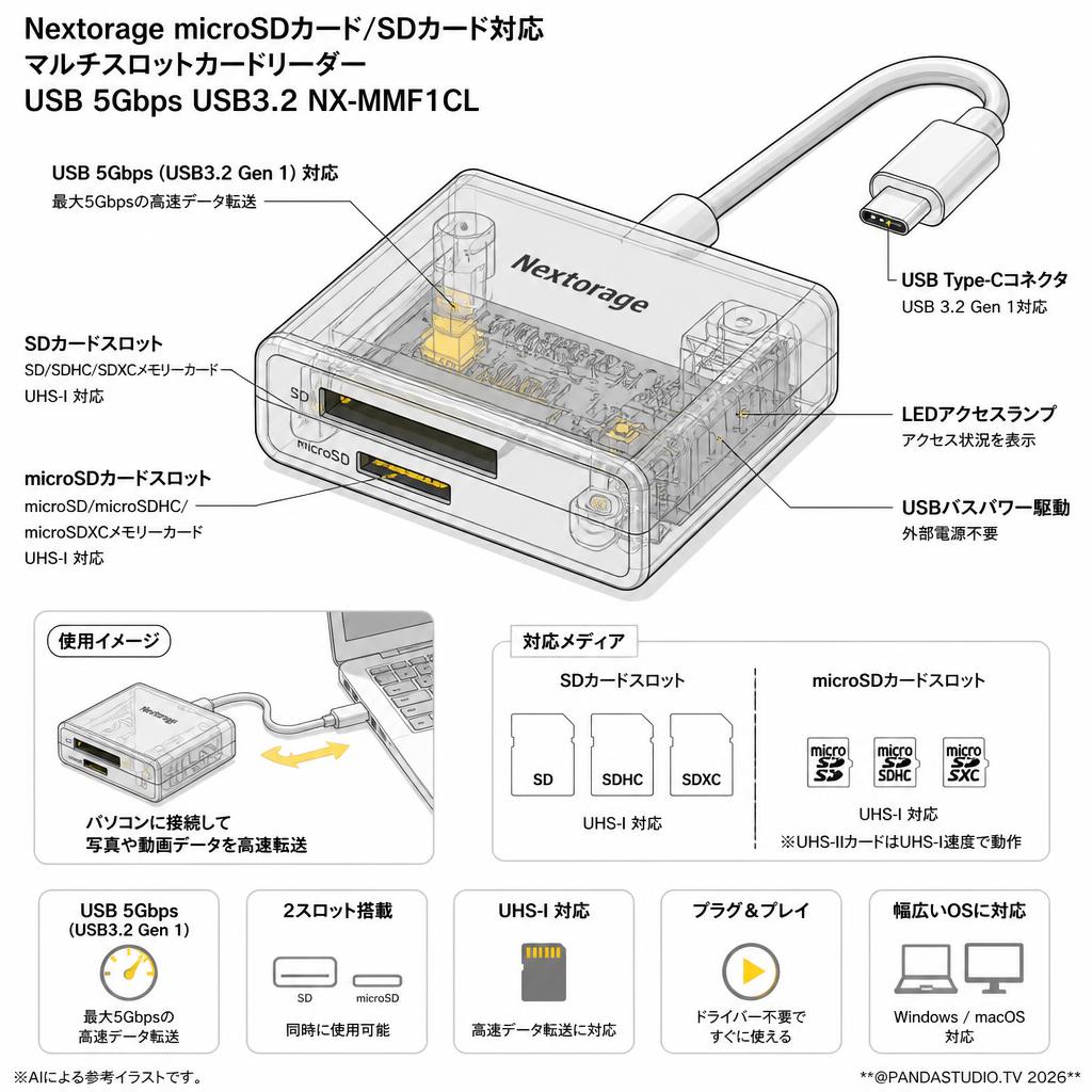 Nextorage microSDカード/SDカード対応 マルチスロットカードリーダー USB 5Gbps USB3.2 NX-MMF1CL スペック