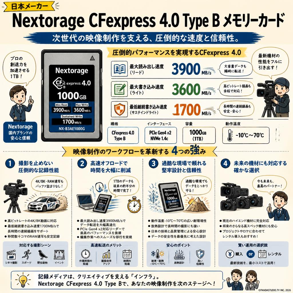 Nextorage 日本メーカー CFexpress 4.0 Type B 1000GBメモリーカード 最大読み出し速度3900MB/s 最大書き込み速度3600MB/s 最低継続書き込み速度1700MB/s NX-B3AE1000G 概要