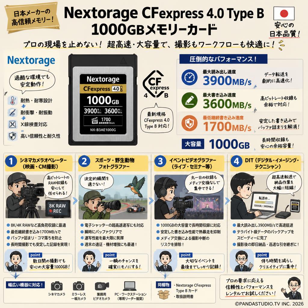 Nextorage 日本メーカー CFexpress 4.0 Type B 1000GBメモリーカード 最大読み出し速度3900MB/s 最大書き込み速度3600MB/s 最低継続書き込み速度1700MB/s NX-B3AE1000G おもな対象のお客様