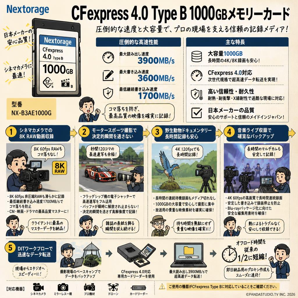 Nextorage 日本メーカー CFexpress 4.0 Type B 1000GBメモリーカード 最大読み出し速度3900MB/s 最大書き込み速度3600MB/s 最低継続書き込み速度1700MB/s NX-B3AE1000G 用途