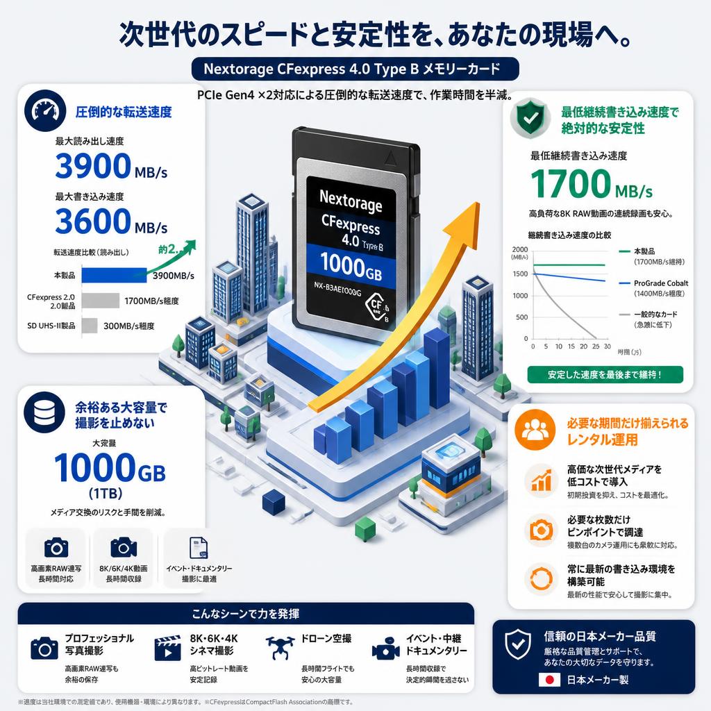 Nextorage 日本メーカー CFexpress 4.0 Type B 1000GBメモリーカード 最大読み出し速度3900MB/s 最大書き込み速度3600MB/s 最低継続書き込み速度1700MB/s NX-B3AE1000G セールスポイント