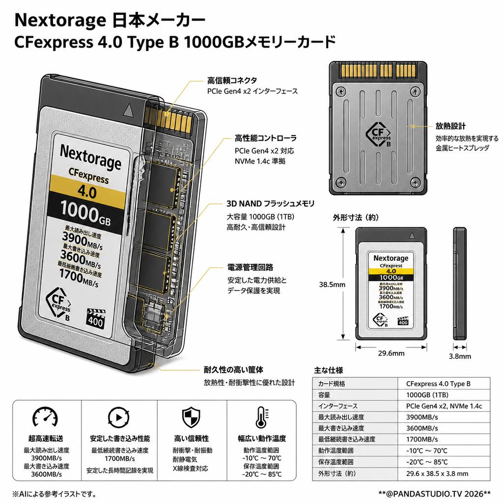 Nextorage 日本メーカー CFexpress 4.0 Type B 1000GBメモリーカード 最大読み出し速度3900MB/s 最大書き込み速度3600MB/s 最低継続書き込み速度1700MB/s NX-B3AE1000G スペック