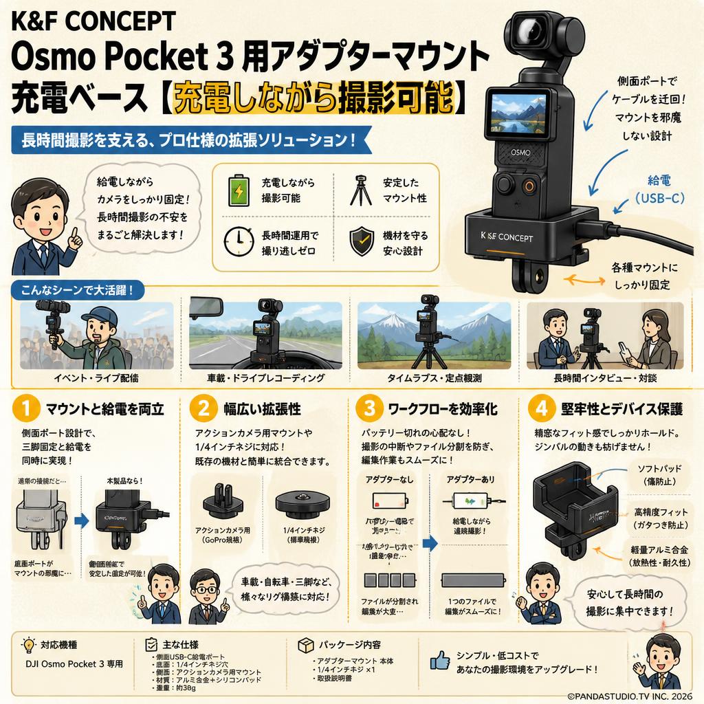 K&F CONCEPT Osmo Pocket 3 用アダプターマウント 充電ベース【充電しながら撮影可能】 概要
