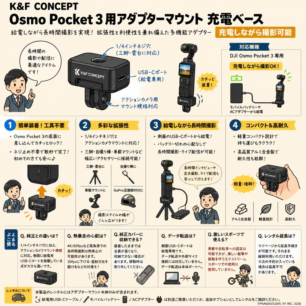 K&F CONCEPT Osmo Pocket 3 用アダプターマウント 充電ベース【充電しながら撮影可能】 FAQ（よくある質問と答え）