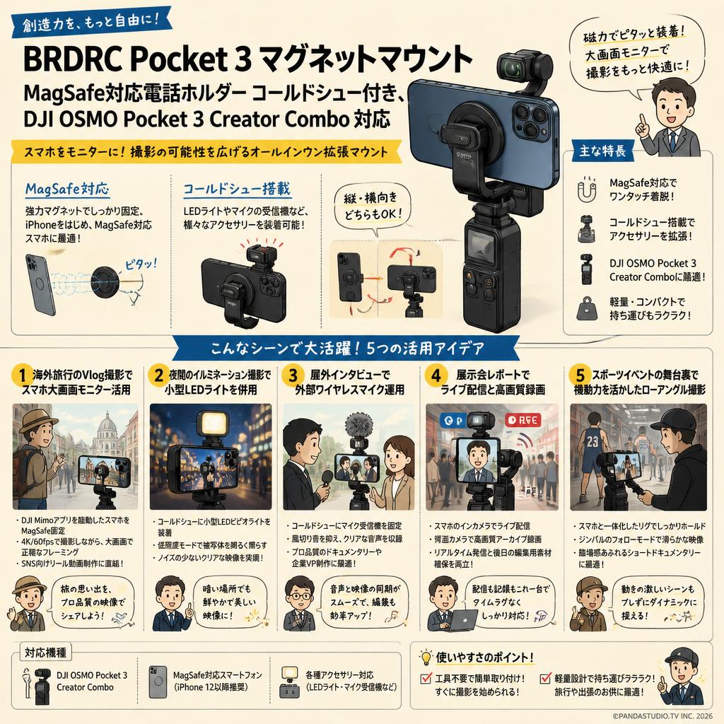 BRDRC Pocket 3 マグネットマウント MagSafe対応電話ホルダー コールドシュー付き、DJI OSMO Pocket 3 Creator Combo 対応 用途
