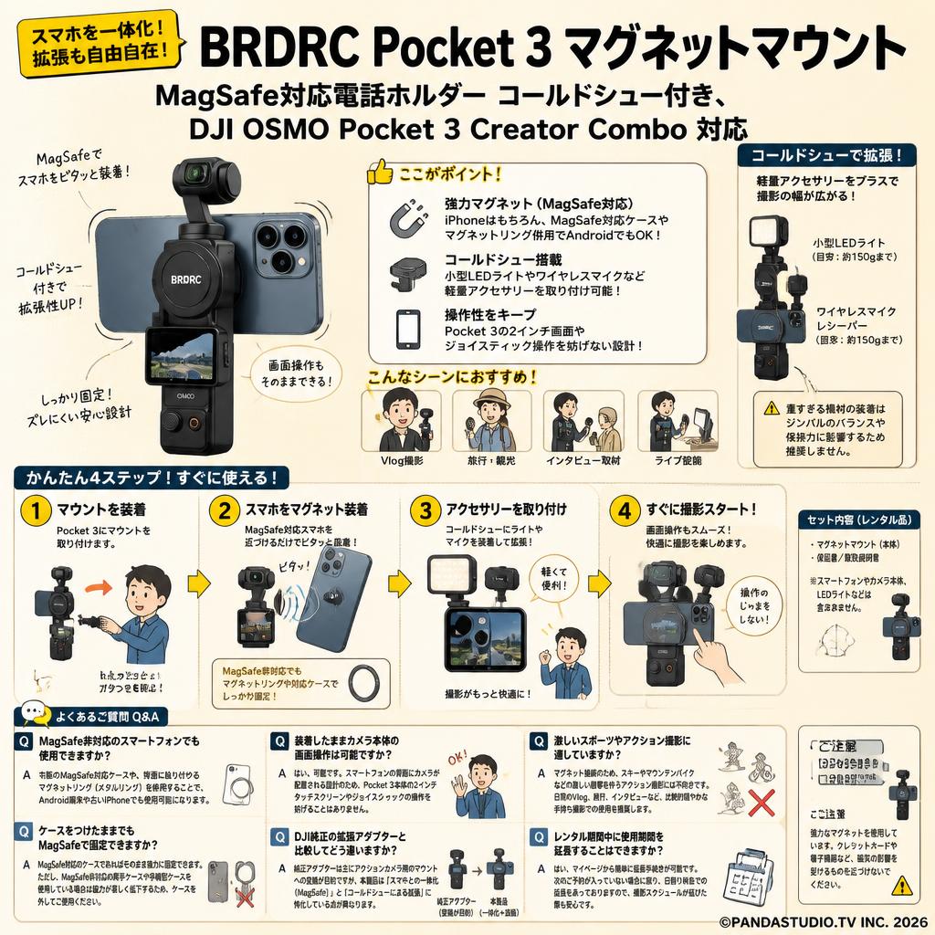 BRDRC Pocket 3 マグネットマウント MagSafe対応電話ホルダー コールドシュー付き、DJI OSMO Pocket 3 Creator Combo 対応 FAQ（よくある質問と答え）