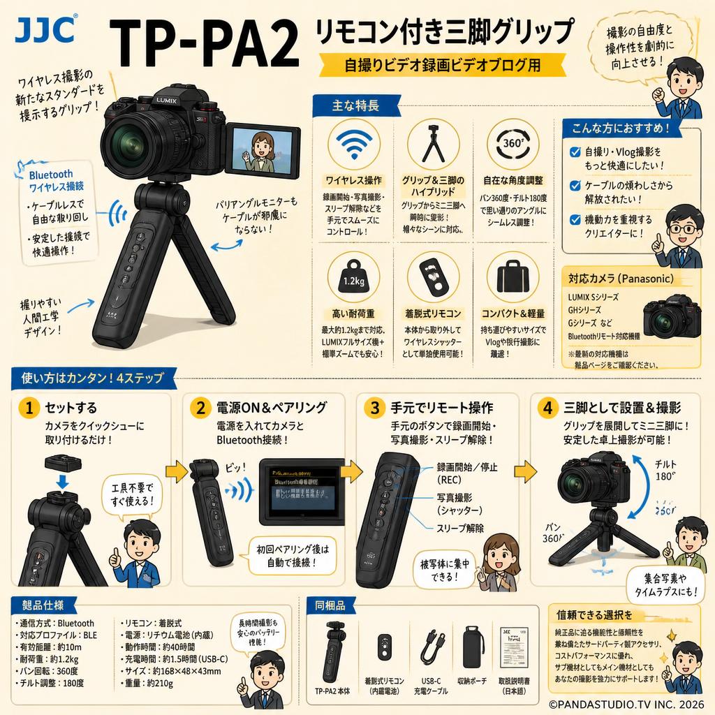 JJC TP-PA2 リモコン付き三脚グリップ 自撮りビデオ録画ビデオブログ用 概要