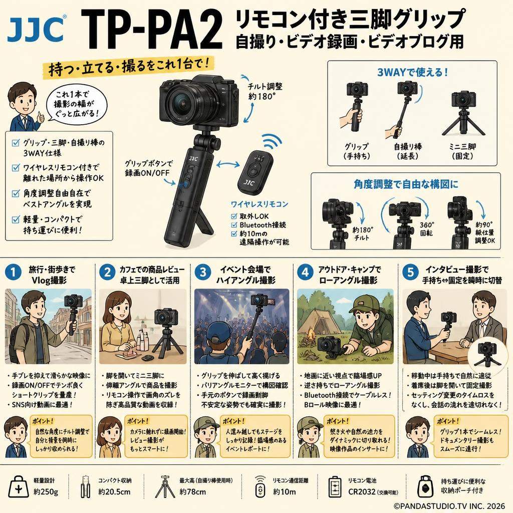 JJC TP-PA2 リモコン付き三脚グリップ 自撮りビデオ録画ビデオブログ用 用途
