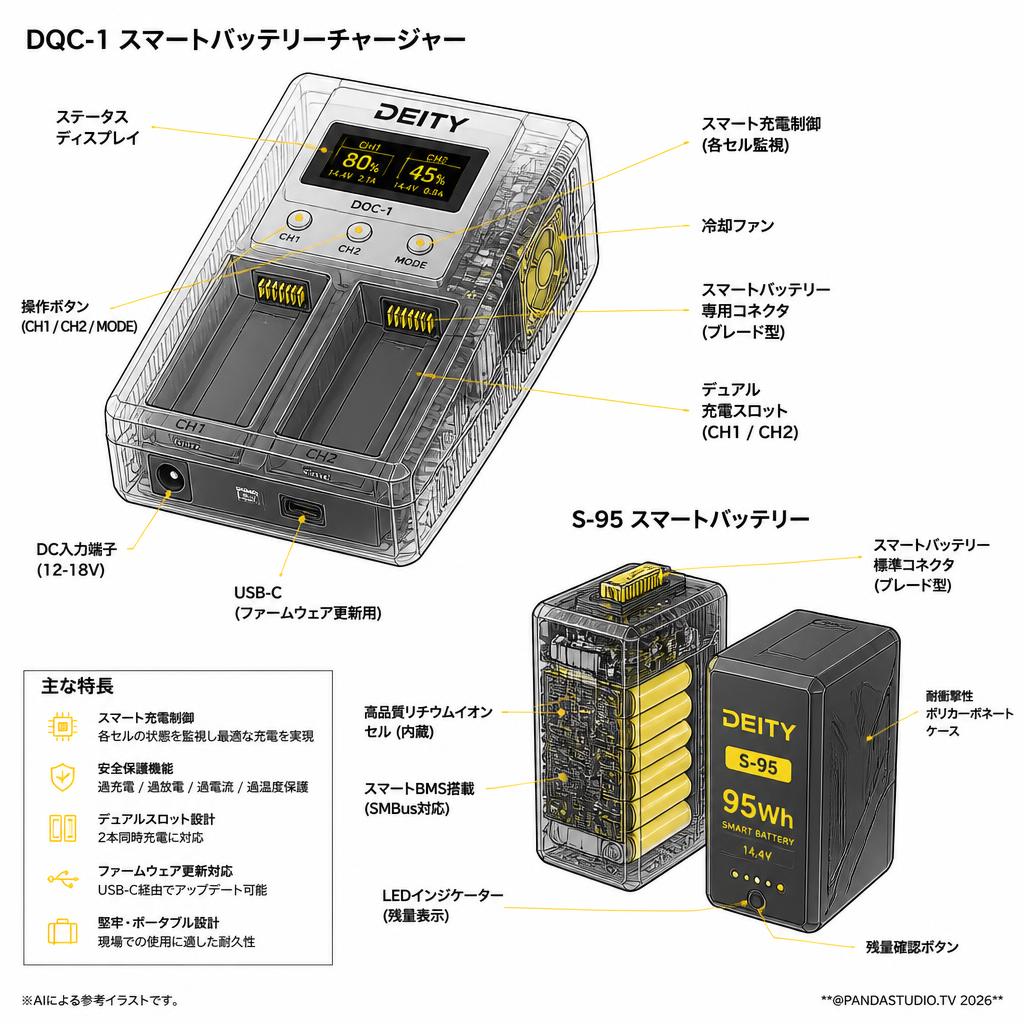Deity Microphones DQC-1 スマートバッテリーチャージャー/ DEITY Microphones S-95 スマートバッテリーセット スペック