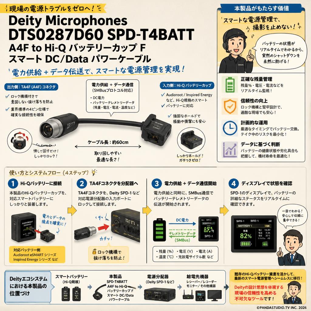 Deity Microphones DTS0287D60 SPD-T4BATT A4F to Hi-Q バッテリーカップ F スマート DC/Data パワーケーブル 概要