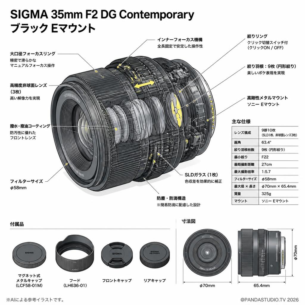 SIGMA 35mm F2 DG Contemporary ブラック Eマウント スペック