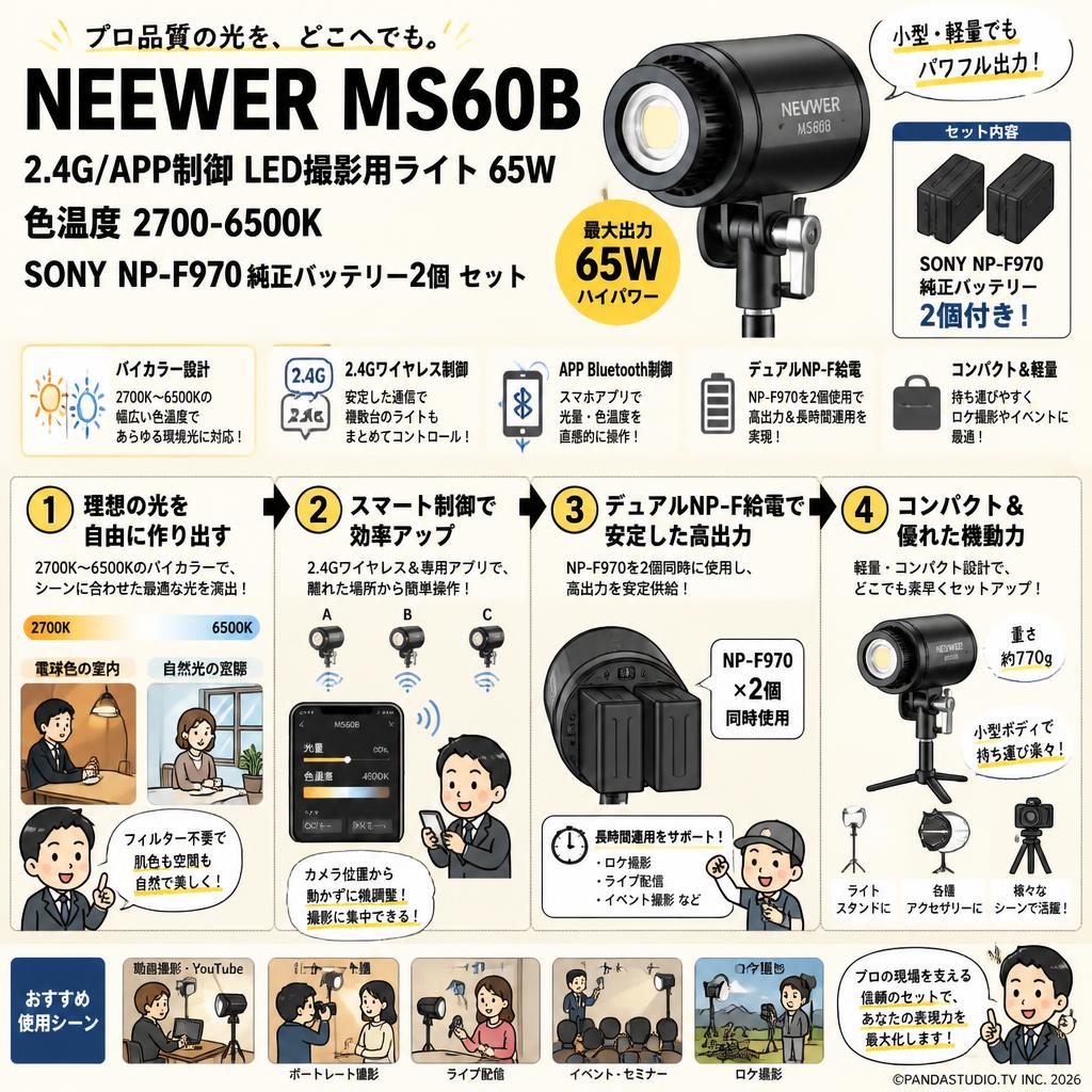 NEEWER MS60B 2.4G/APP制御 LED撮影用ライト 65W 色温度 2700-6500K / SONY NP-F970 純正バッテリー2個 セット 概要