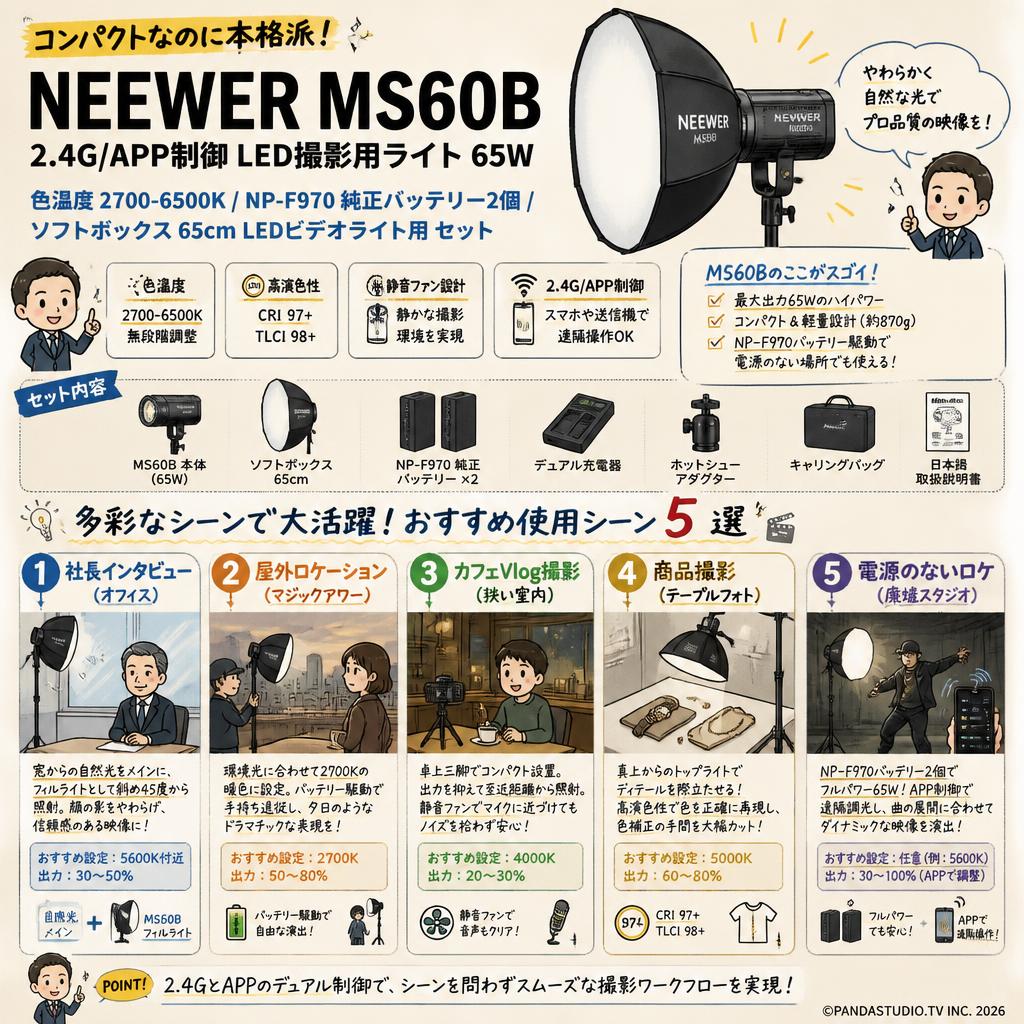 NEEWER MS60B 2.4G/APP制御 LED撮影用ライト 65W 色温度 2700-6500K / NP-F970 純正バッテリー2個 / ソフトボックス 65cm LEDビデオライト用 セット 用途