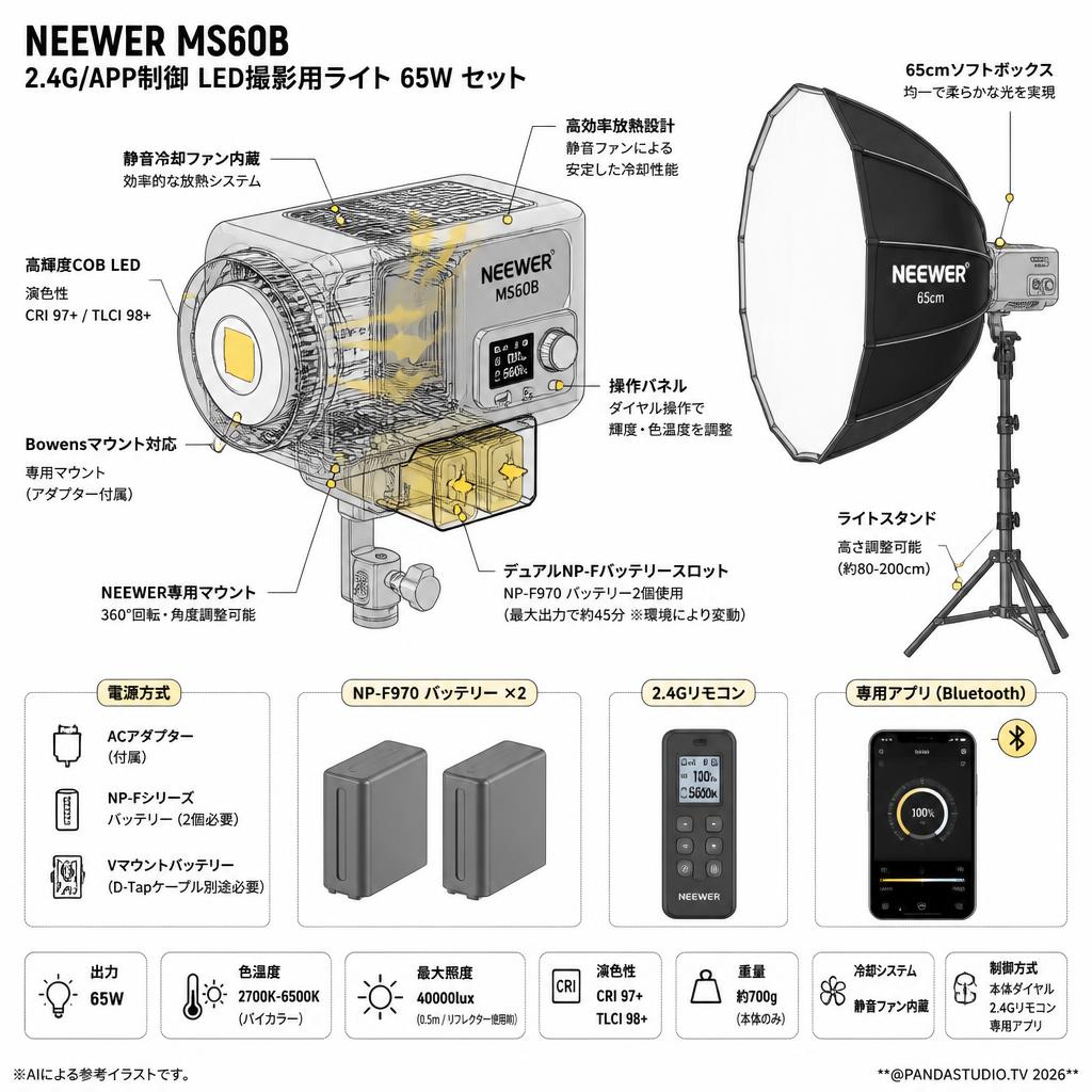 NEEWER MS60B 2.4G/APP制御 LED撮影用ライト 65W 色温度 2700-6500K / NP-F970 純正バッテリー2個 / ソフトボックス 65cm LEDビデオライト用 セット スペック