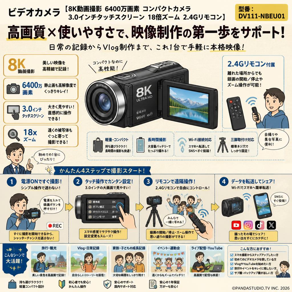 ビデオカメラ 【8K動画撮影 6400万画素 コンパクトカメラ 3.0 インチ