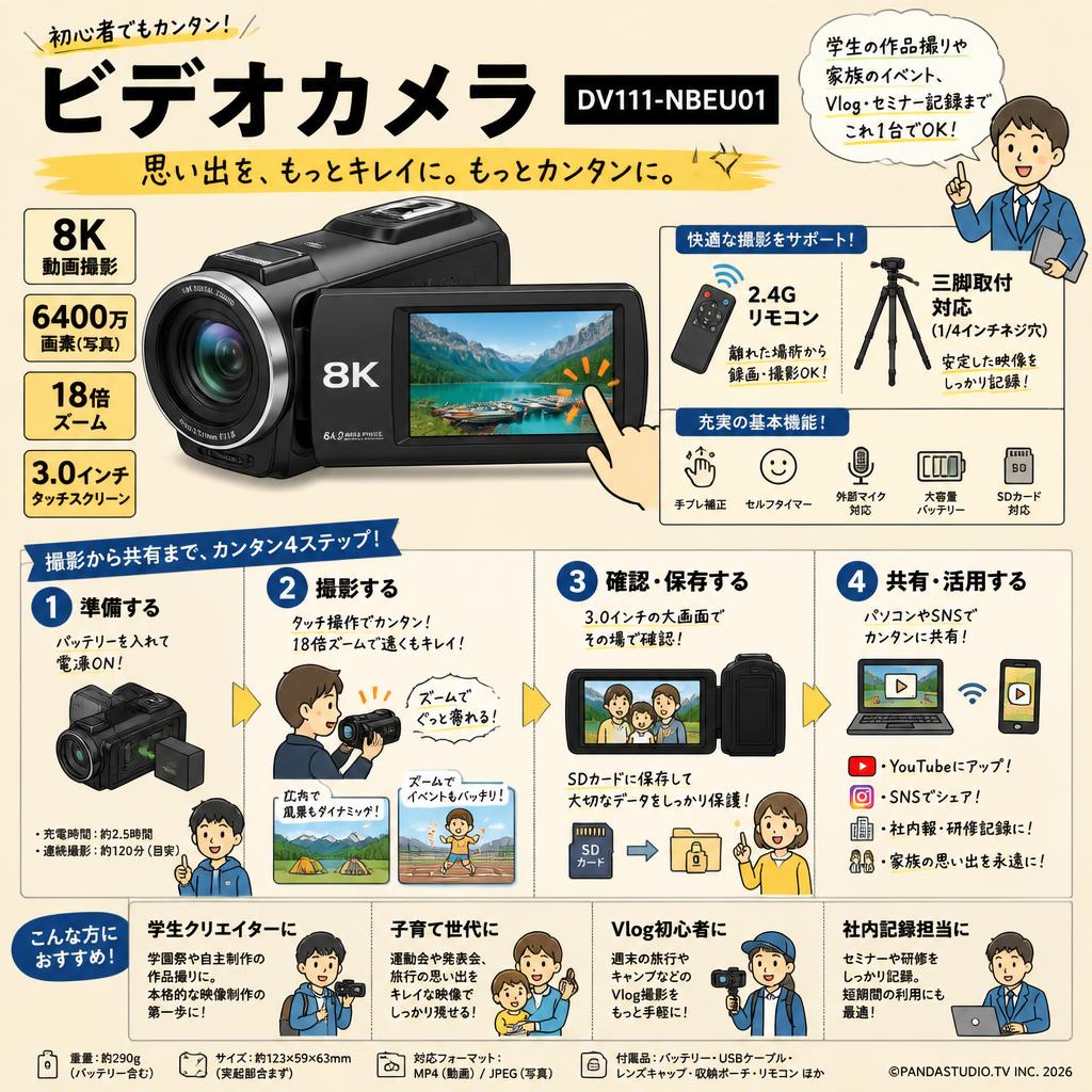 ビデオカメラ 【8K動画撮影 6400万画素 コンパクトカメラ 3.0 インチ