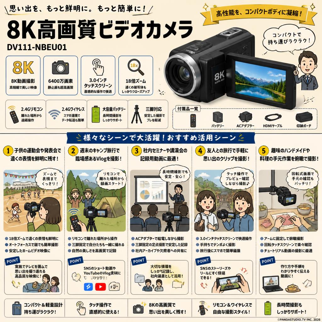 ビデオカメラ 【8K動画撮影 6400万画素 コンパクトカメラ 3.0 インチ