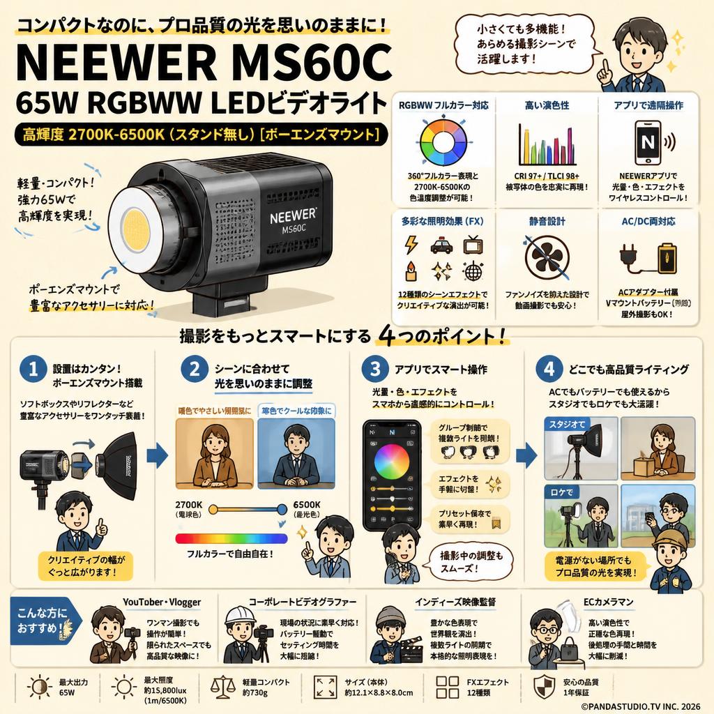 NEEWER MS60C 65W RGBWW LEDビデオライト 高輝度 2700K-6500K  (スタンド無し)[ボーエンズマウント] おもな対象のお客様