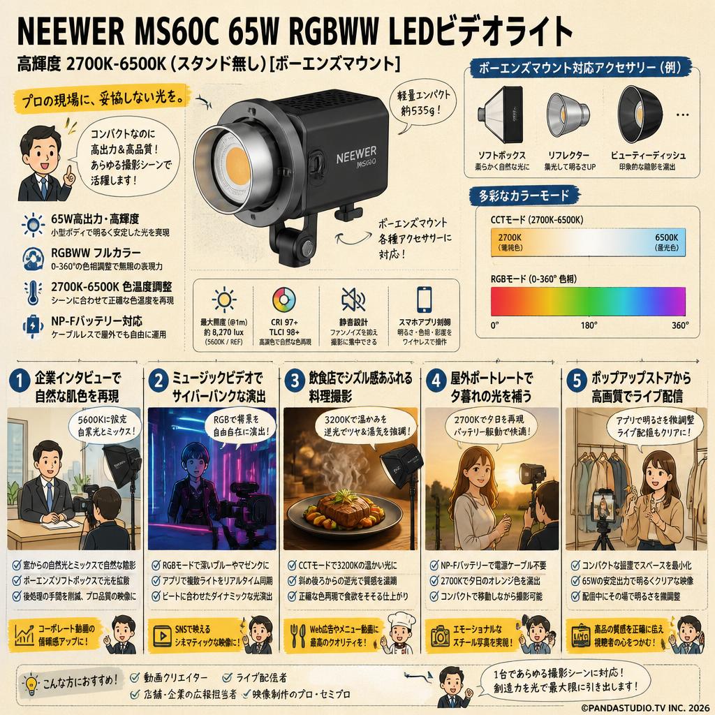 NEEWER MS60C 65W RGBWW LEDビデオライト 高輝度 2700K-6500K  (スタンド無し)[ボーエンズマウント] 用途