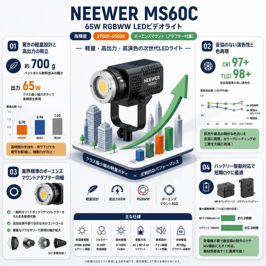 NEEWER MS60C 65W RGBWW LEDビデオライト 高輝度 2700K-6500K  (スタンド無し)[ボーエンズマウント] セールスポイント