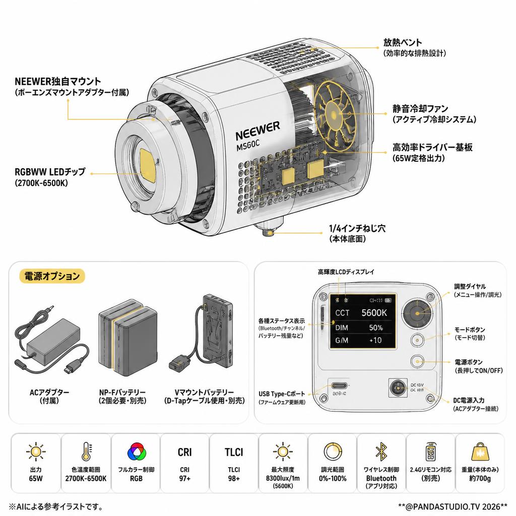 NEEWER MS60C 65W RGBWW LEDビデオライト 高輝度 2700K-6500K  (スタンド無し)[ボーエンズマウント] スペック
