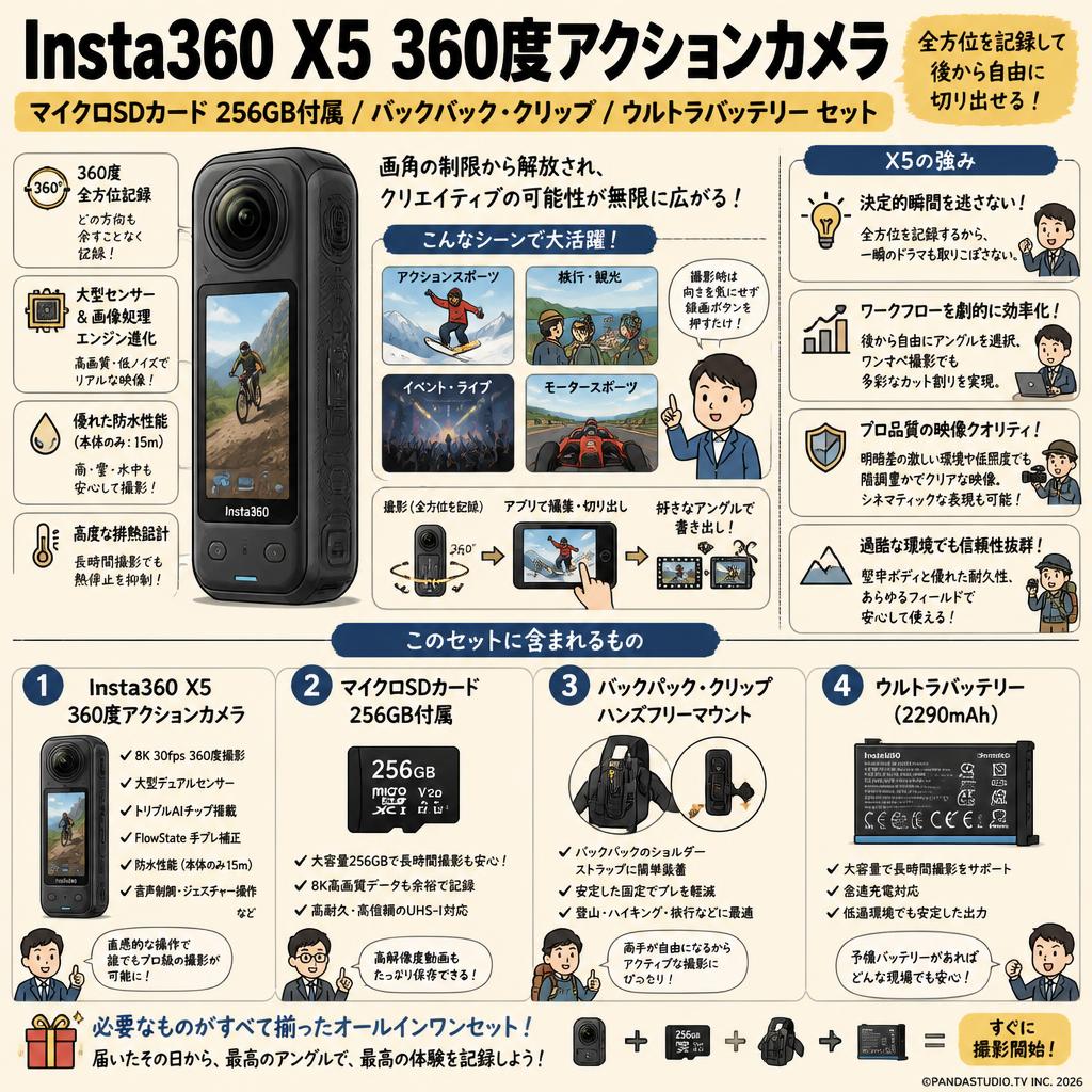 Insta360 X5 360度アクションカメラ マイクロSDカード 256GB付属 / バックパック・クリップ / ウルトラバッテリー セット 概要