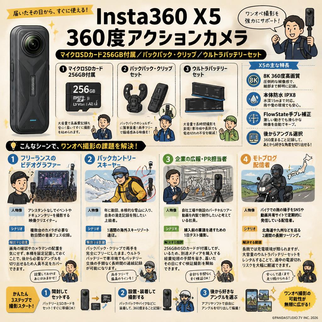 Insta360 X5 360度アクションカメラ マイクロSDカード 256GB付属 / バックパック・クリップ / ウルトラバッテリー セット おもな対象のお客様