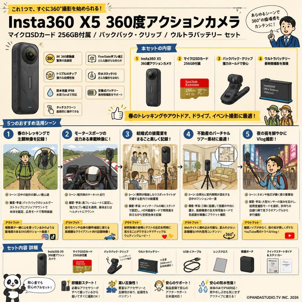 Insta360 X5 360度アクションカメラ マイクロSDカード 256GB付属 / バックパック・クリップ / ウルトラバッテリー セット 用途