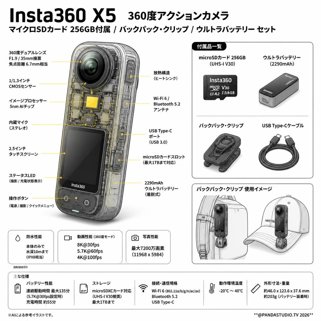 Insta360 X5 360度アクションカメラ マイクロSDカード 256GB付属 / バックパック・クリップ / ウルトラバッテリー セット スペック