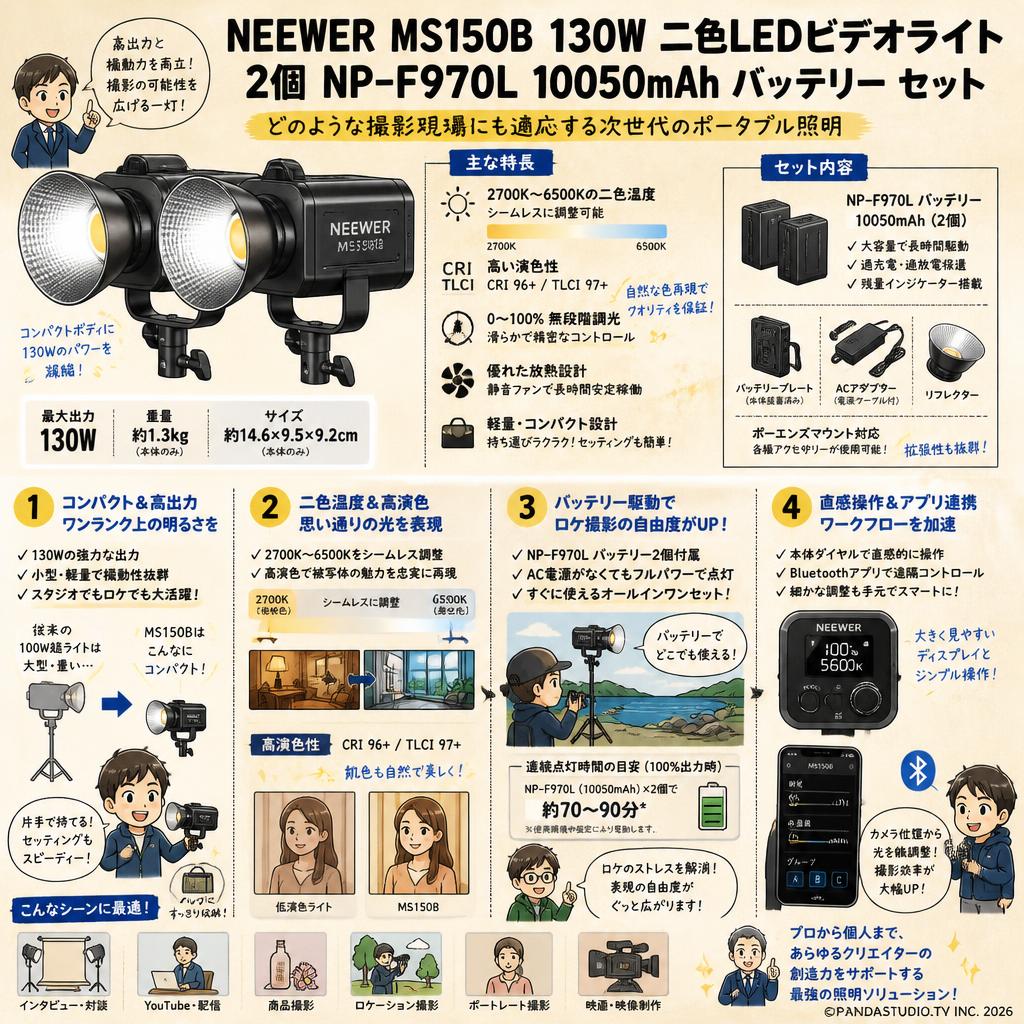 NEEWER MS150B 130W 二色LEDビデオライト / 2個 NP-F970L 10050mAh バッテリー セット 概要