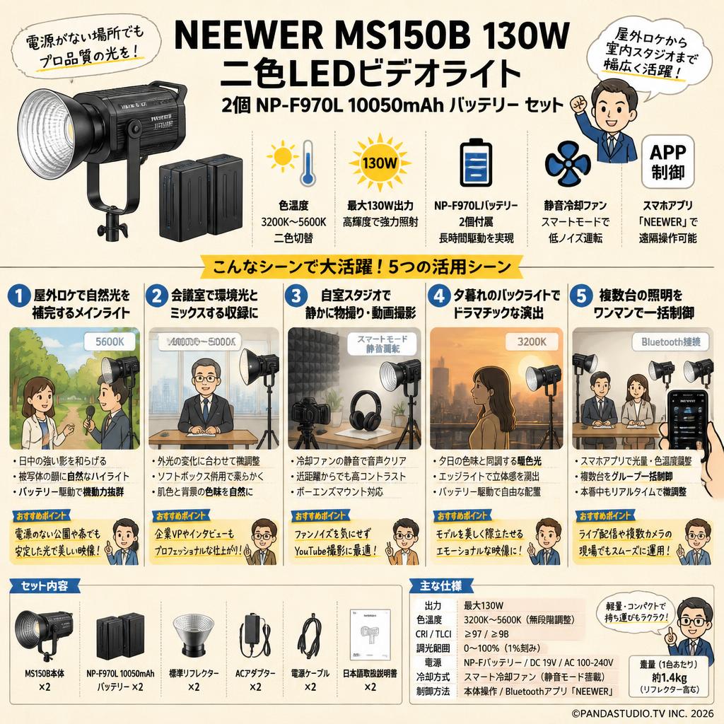 NEEWER MS150B 130W 二色LEDビデオライト / 2個 NP-F970L 10050mAh バッテリー セット 用途