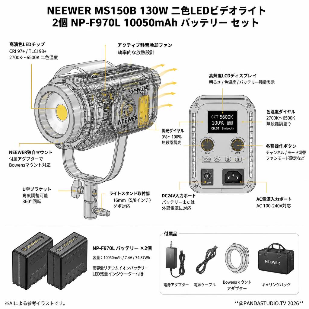 NEEWER MS150B 130W 二色LEDビデオライト / 2個 NP-F970L 10050mAh バッテリー セット スペック