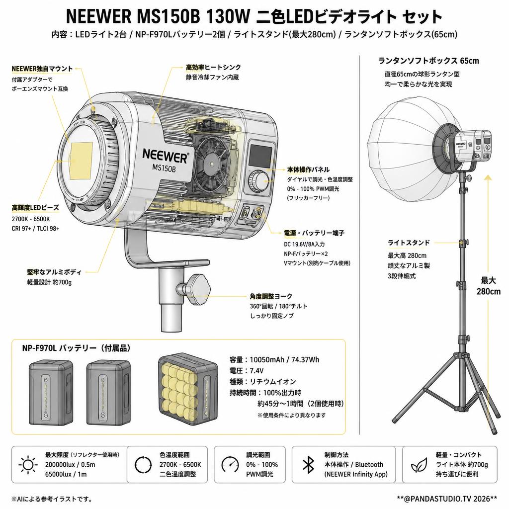 NEEWER MS150B 130W 二色LEDビデオライト / 2個 NP-F970L 10050mAh バッテリー / ライトスタンド 280cm / ランタンソフトボックス 65cm セット スペック