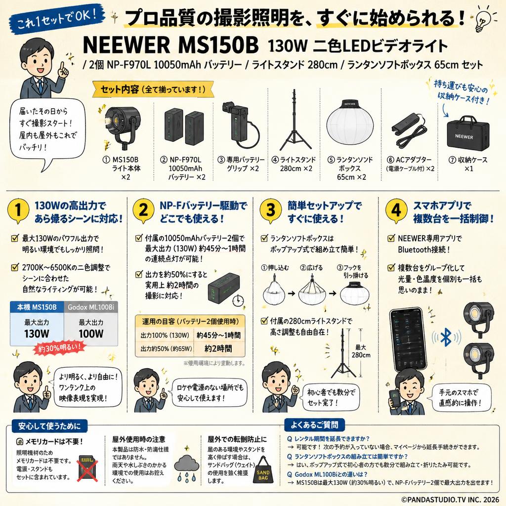 NEEWER MS150B 130W 二色LEDビデオライト / 2個 NP-F970L 10050mAh バッテリー / ライトスタンド 280cm / ランタンソフトボックス 65cm セット FAQ（よくある質問と答え）