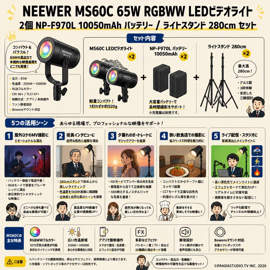 NEEWER MS60C 65W RGBWW LEDビデオライト / 2個 NP-F970L 10050mAh バッテリー / ライトスタンド 280cm セット 用途