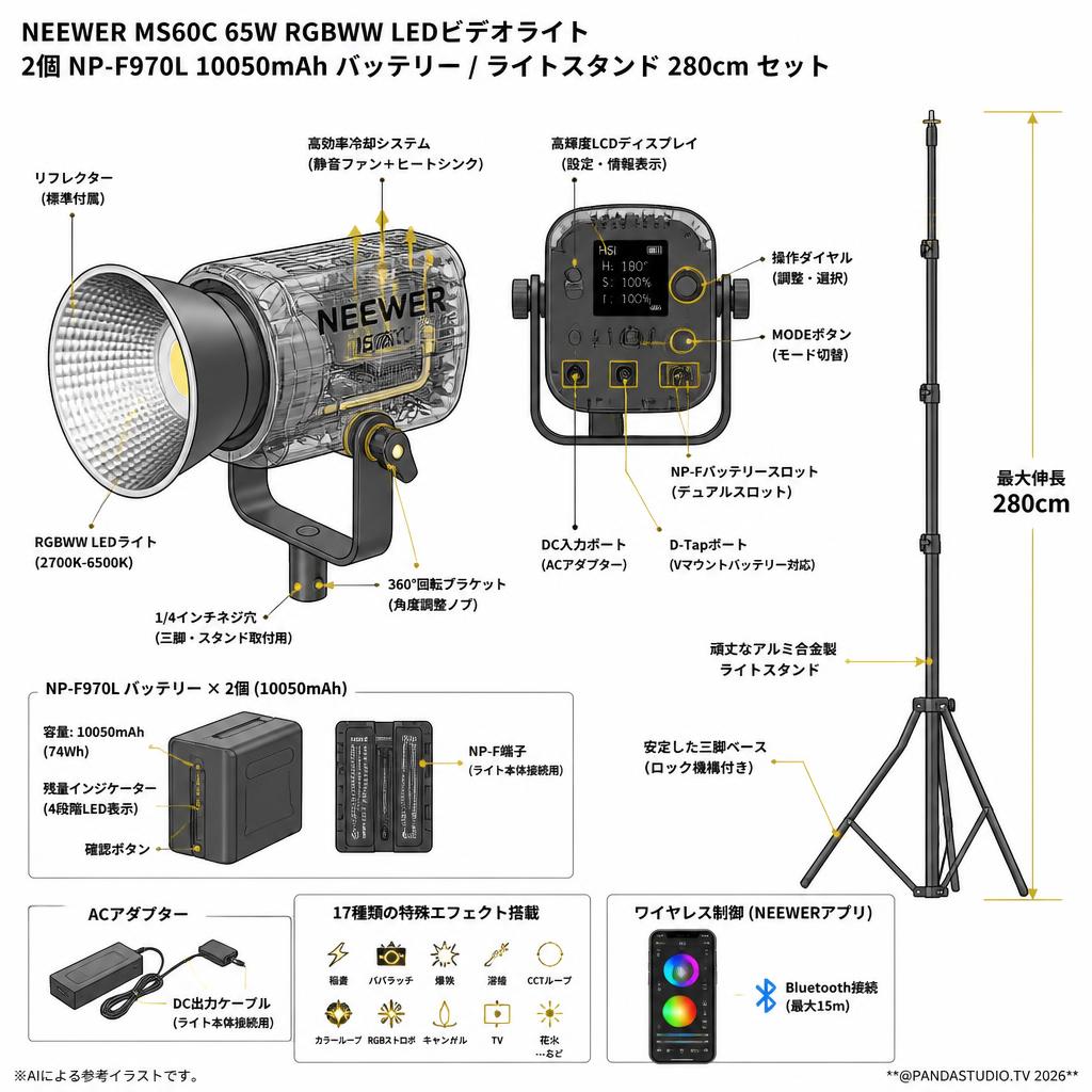 NEEWER MS60C 65W RGBWW LEDビデオライト / 2個 NP-F970L 10050mAh バッテリー / ライトスタンド 280cm セット スペック