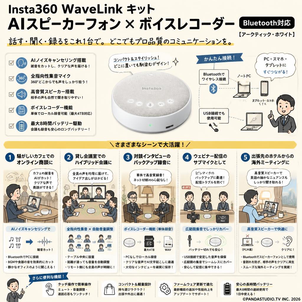 Insta360 WaveLink キット AIスピーカーフォン ボイスレコーダー Bluetooth対応 【 アークティック・ホワイト 】 用途