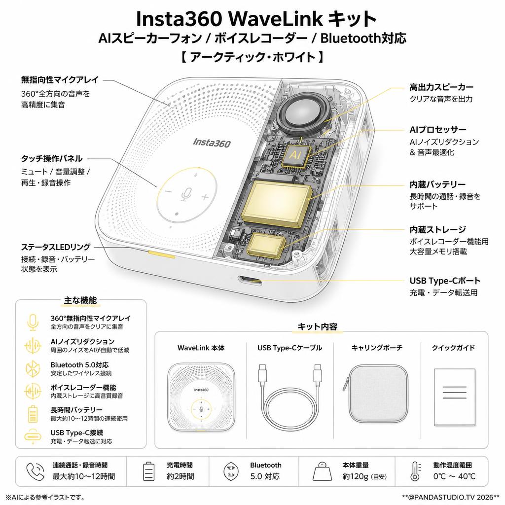 Insta360 WaveLink キット AIスピーカーフォン ボイスレコーダー Bluetooth対応 【 アークティック・ホワイト 】 スペック
