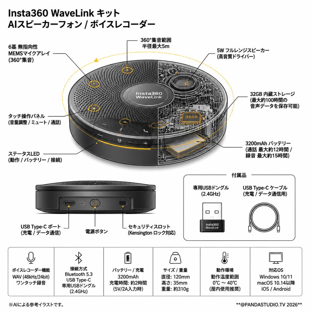 Insta360 WaveLink キット AIスピーカーフォン ボイスレコーダー Bluetooth対応 【グラファイト・ブラック 】 スペック