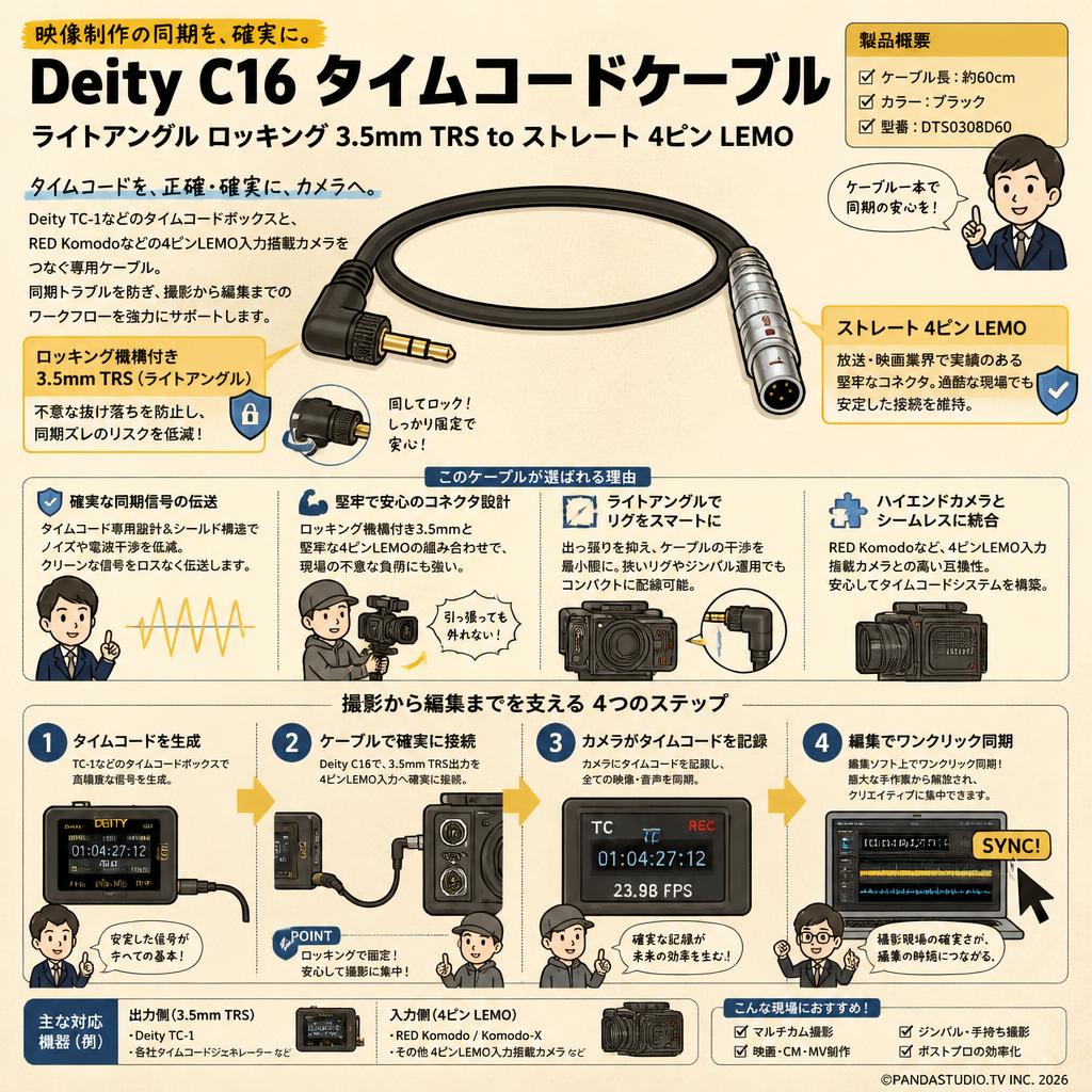 Deity Microphones DTS0308D60 Deity C16 ライトアングル ロッキング 3.5mm TRS to ストレート 4ピン LEMO タイムコードケーブル 概要