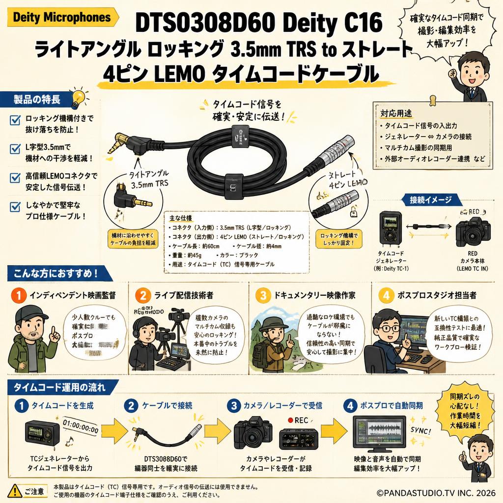 Deity Microphones DTS0308D60 Deity C16 ライトアングル ロッキング 3.5mm TRS to ストレート 4ピン LEMO タイムコードケーブル おもな対象のお客様
