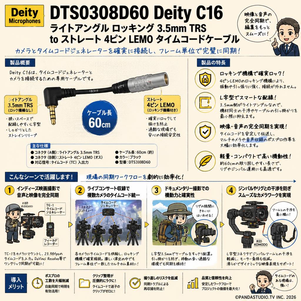 Deity Microphones DTS0308D60 Deity C16 ライトアングル ロッキング 3.5mm TRS to ストレート 4ピン LEMO タイムコードケーブル 用途