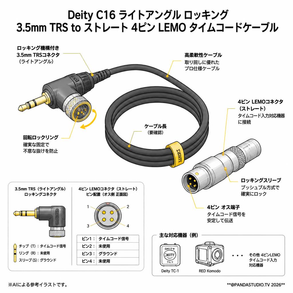 Deity Microphones DTS0308D60 Deity C16 ライトアングル ロッキング 3.5mm TRS to ストレート 4ピン LEMO タイムコードケーブル スペック