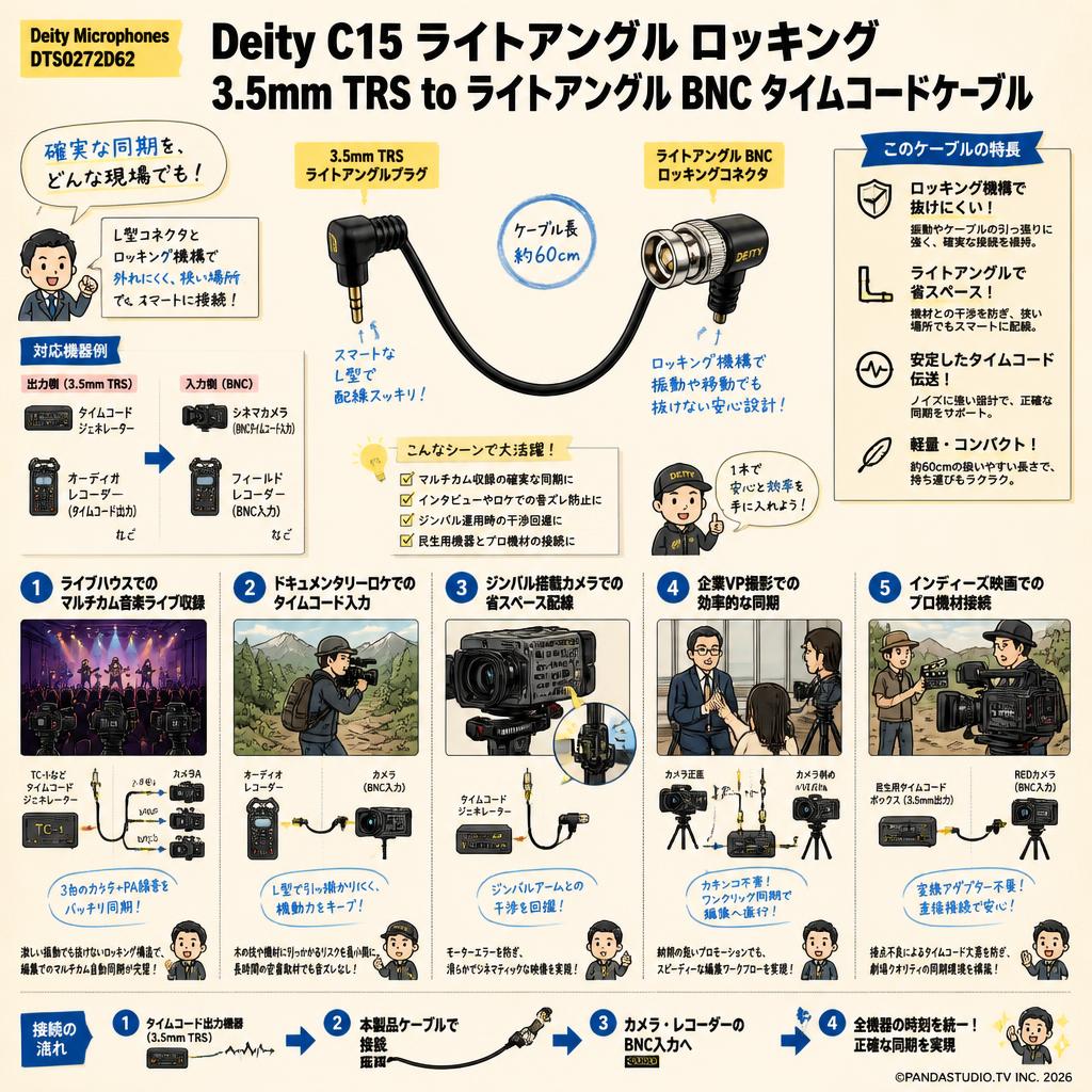 Deity Microphones DTS0272D62 Deity C15 ライトアングル ロッキング 3.5mm TRS to ライトアングル BNC タイムコードケーブル 用途