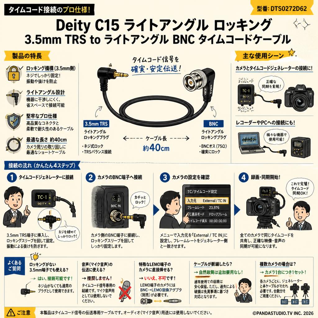 Deity Microphones DTS0272D62 Deity C15 ライトアングル ロッキング 3.5mm TRS to ライトアングル BNC タイムコードケーブル FAQ（よくある質問と答え）