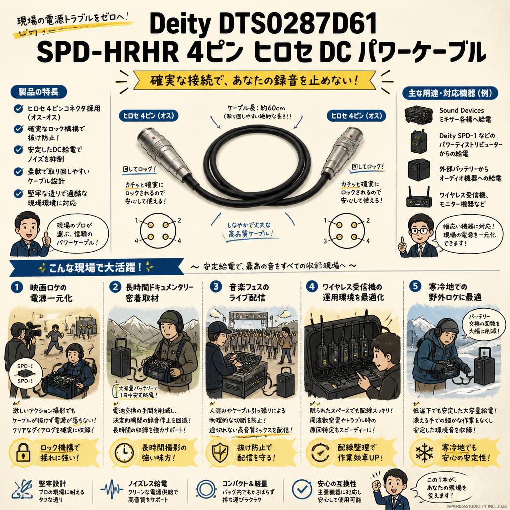Deity Microphones DTS0287D61 SPD-HRHR 4ピン ヒロセ DC パワーケーブル 用途